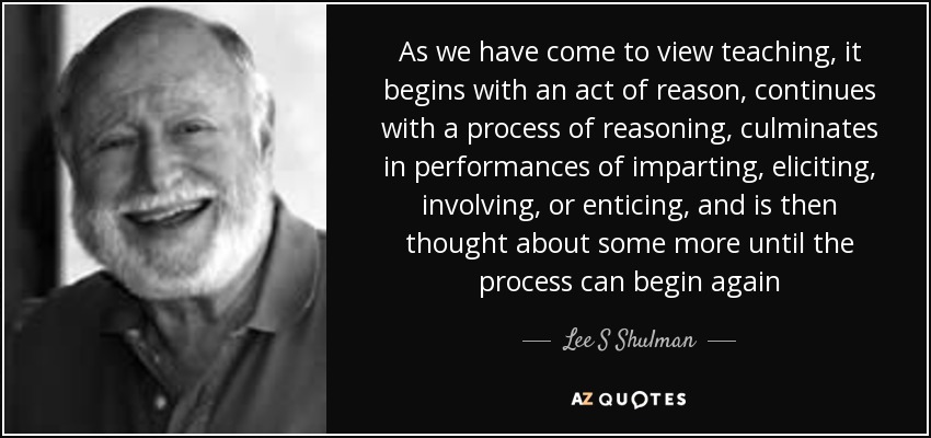 As we have come to view teaching, it begins with an act of reason, continues with a process of reasoning, culminates in performances of imparting, eliciting, involving, or enticing, and is then thought about some more until the process can begin again - Lee S Shulman