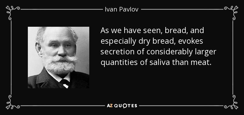 As we have seen, bread, and especially dry bread, evokes secretion of considerably larger quantities of saliva than meat. - Ivan Pavlov