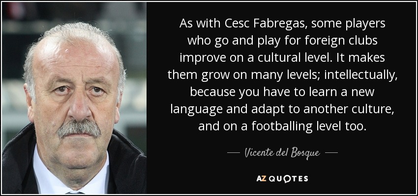 As with Cesc Fabregas, some players who go and play for foreign clubs improve on a cultural level. It makes them grow on many levels; intellectually, because you have to learn a new language and adapt to another culture, and on a footballing level too. - Vicente del Bosque