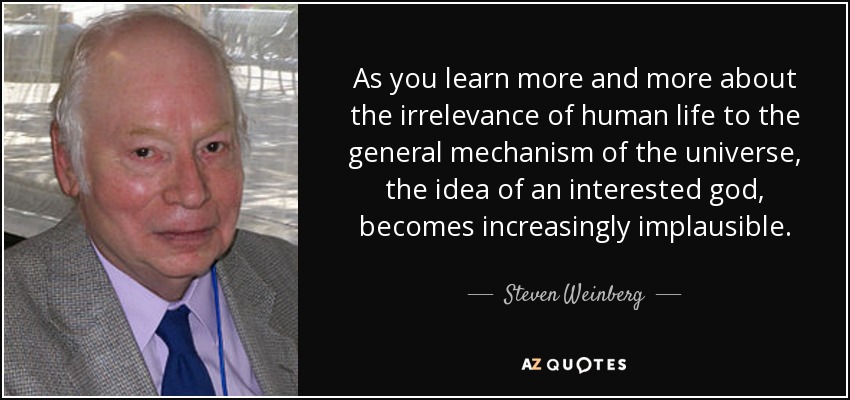 As you learn more and more about the irrelevance of human life to the general mechanism of the universe, the idea of an interested god, becomes increasingly implausible. - Steven Weinberg