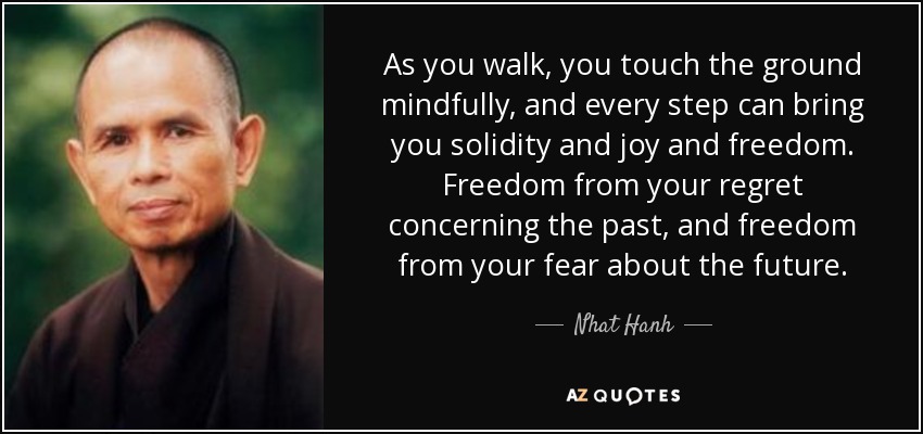 As you walk, you touch the ground mindfully, and every step can bring you solidity and joy and freedom. Freedom from your regret concerning the past, and freedom from your fear about the future. - Nhat Hanh
