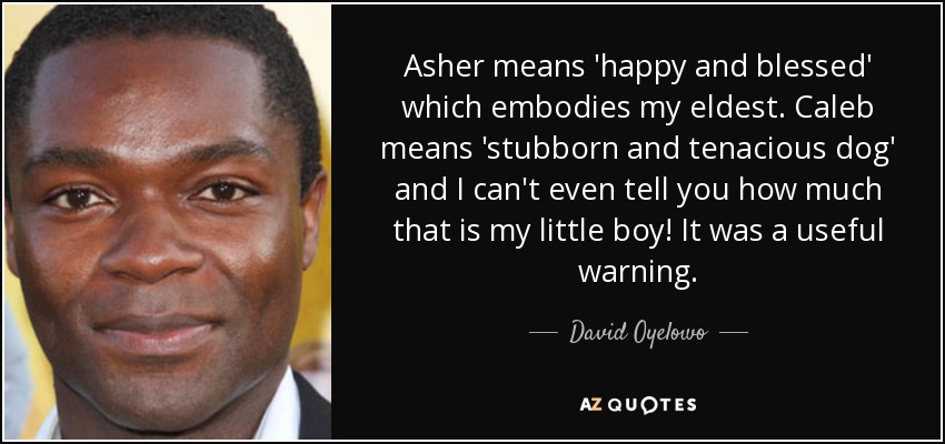 Asher means 'happy and blessed' which embodies my eldest. Caleb means 'stubborn and tenacious dog' and I can't even tell you how much that is my little boy! It was a useful warning. - David Oyelowo