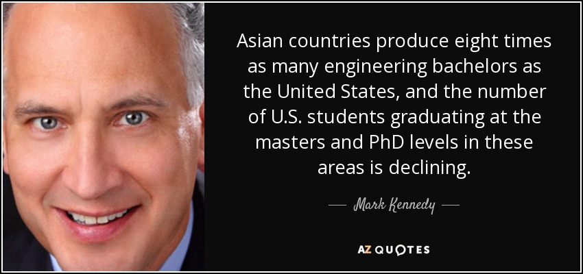 Asian countries produce eight times as many engineering bachelors as the United States, and the number of U.S. students graduating at the masters and PhD levels in these areas is declining. - Mark Kennedy