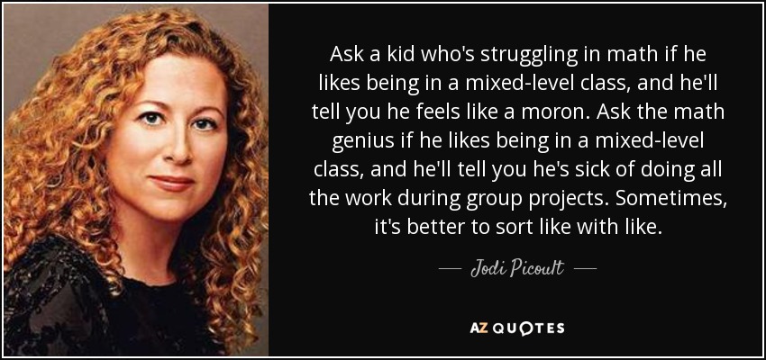 Ask a kid who's struggling in math if he likes being in a mixed-level class, and he'll tell you he feels like a moron. Ask the math genius if he likes being in a mixed-level class, and he'll tell you he's sick of doing all the work during group projects. Sometimes, it's better to sort like with like. - Jodi Picoult