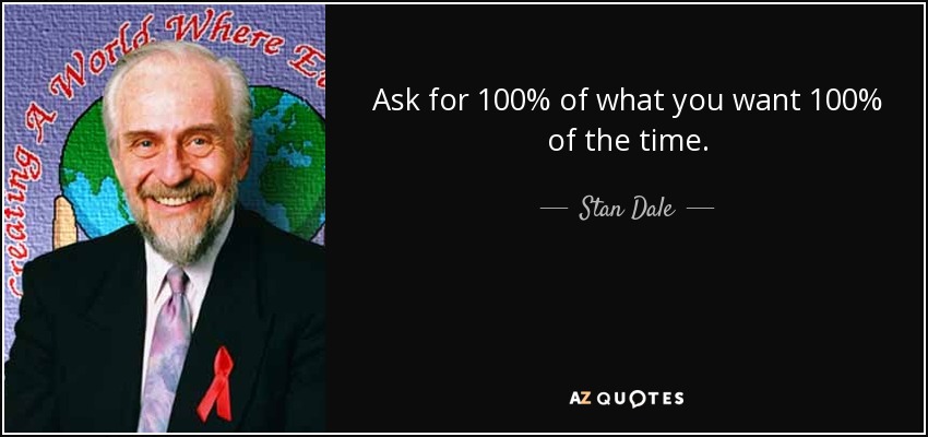 Ask for 100% of what you want 100% of the time. - Stan Dale
