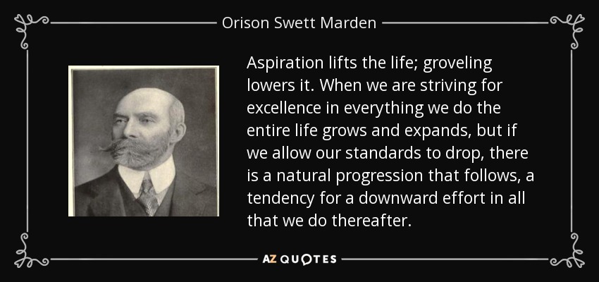 Aspiration lifts the life; groveling lowers it. When we are striving for excellence in everything we do the entire life grows and expands, but if we allow our standards to drop, there is a natural progression that follows, a tendency for a downward effort in all that we do thereafter. - Orison Swett Marden