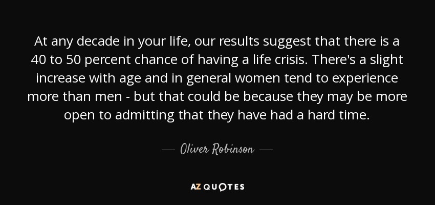 At any decade in your life, our results suggest that there is a 40 to 50 percent chance of having a life crisis. There's a slight increase with age and in general women tend to experience more than men - but that could be because they may be more open to admitting that they have had a hard time. - Oliver Robinson