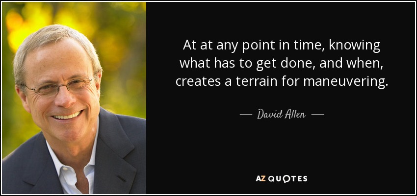At at any point in time, knowing what has to get done, and when, creates a terrain for maneuvering. - David Allen