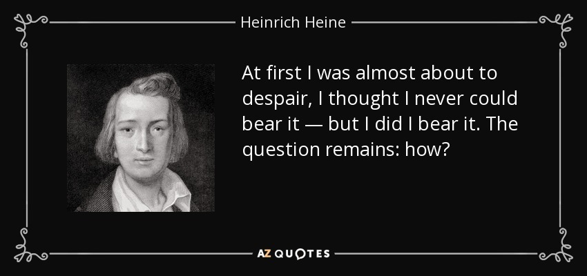 At first I was almost about to despair, I thought I never could bear it — but I did I bear it. The question remains: how? - Heinrich Heine