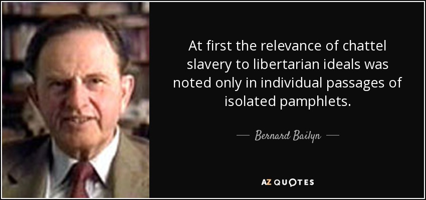 At first the relevance of chattel slavery to libertarian ideals was noted only in individual passages of isolated pamphlets. - Bernard Bailyn