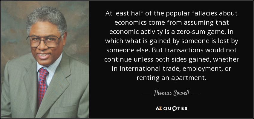 At least half of the popular fallacies about economics come from assuming that economic activity is a zero-sum game, in which what is gained by someone is lost by someone else. But transactions would not continue unless both sides gained, whether in international trade, employment, or renting an apartment. - Thomas Sowell