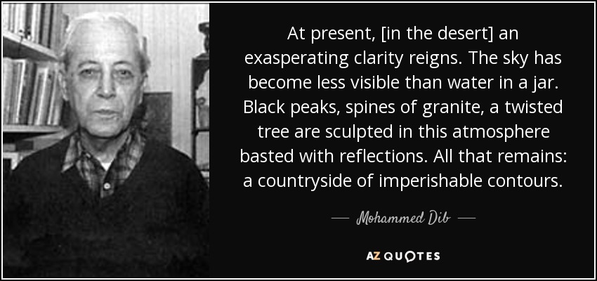 At present, [in the desert] an exasperating clarity reigns. The sky has become less visible than water in a jar. Black peaks, spines of granite, a twisted tree are sculpted in this atmosphere basted with reflections. All that remains: a countryside of imperishable contours. - Mohammed Dib