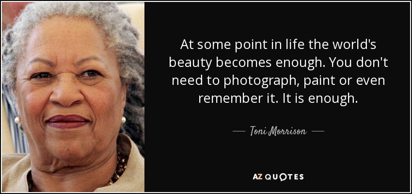 At some point in life the world's beauty becomes enough. You don't need to photograph, paint or even remember it. It is enough. - Toni Morrison