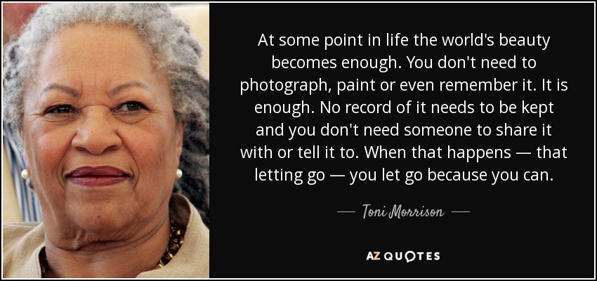 At some point in life the world's beauty becomes enough. You don't need to photograph, paint or even remember it. It is enough. No record of it needs to be kept and you don't need someone to share it with or tell it to. When that happens — that letting go — you let go because you can. - Toni Morrison