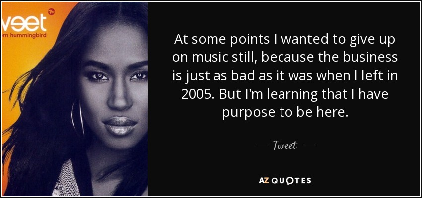 At some points I wanted to give up on music still, because the business is just as bad as it was when I left in 2005. But I'm learning that I have purpose to be here. - Tweet