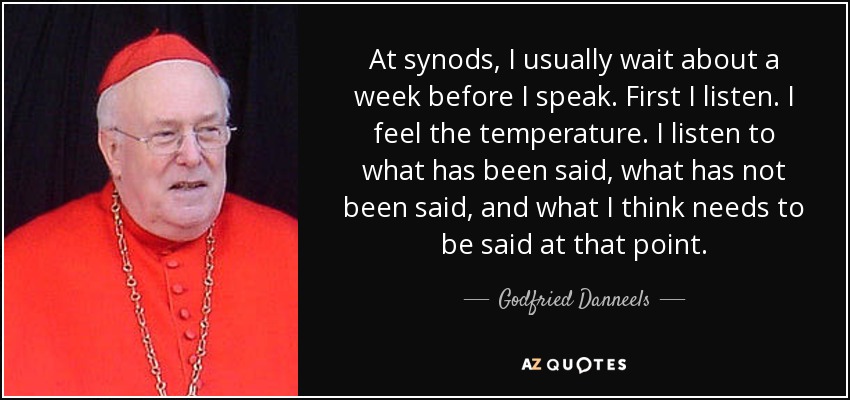 At synods, I usually wait about a week before I speak. First I listen. I feel the temperature. I listen to what has been said, what has not been said, and what I think needs to be said at that point. - Godfried Danneels