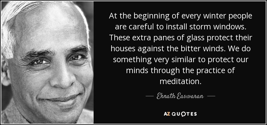 At the beginning of every winter people are careful to install storm windows. These extra panes of glass protect their houses against the bitter winds. We do something very similar to protect our minds through the practice of meditation. - Eknath Easwaran