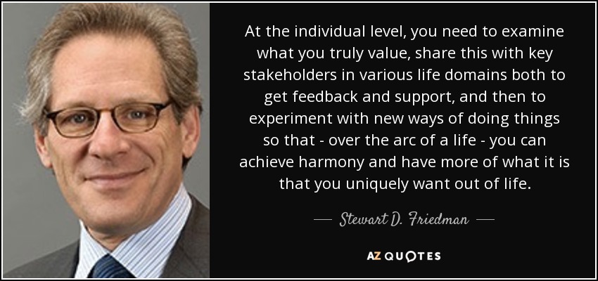At the individual level, you need to examine what you truly value, share this with key stakeholders in various life domains both to get feedback and support, and then to experiment with new ways of doing things so that - over the arc of a life - you can achieve harmony and have more of what it is that you uniquely want out of life. - Stewart D. Friedman
