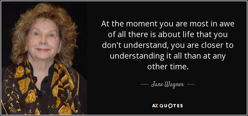 At the moment you are most in awe of all there is about life that you don't understand, you are closer to understanding it all than at any other time. - Jane Wagner