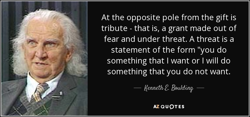 At the opposite pole from the gift is tribute - that is, a grant made out of fear and under threat. A threat is a statement of the form 