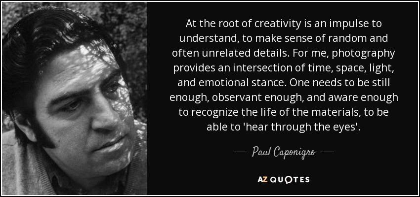 At the root of creativity is an impulse to understand, to make sense of random and often unrelated details. For me, photography provides an intersection of time, space, light, and emotional stance. One needs to be still enough, observant enough, and aware enough to recognize the life of the materials, to be able to 'hear through the eyes'. - Paul Caponigro