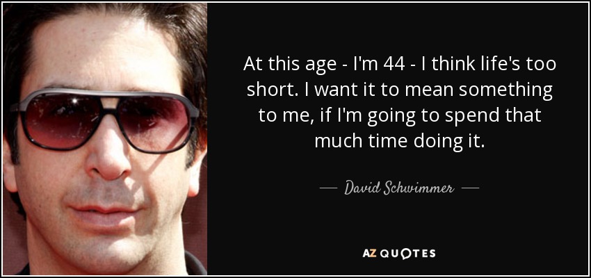 At this age - I'm 44 - I think life's too short. I want it to mean something to me, if I'm going to spend that much time doing it. - David Schwimmer