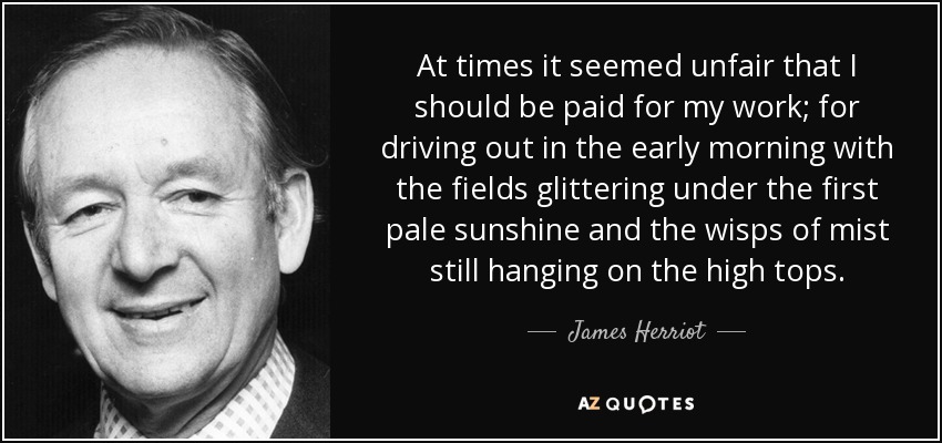 At times it seemed unfair that I should be paid for my work; for driving out in the early morning with the fields glittering under the first pale sunshine and the wisps of mist still hanging on the high tops. - James Herriot
