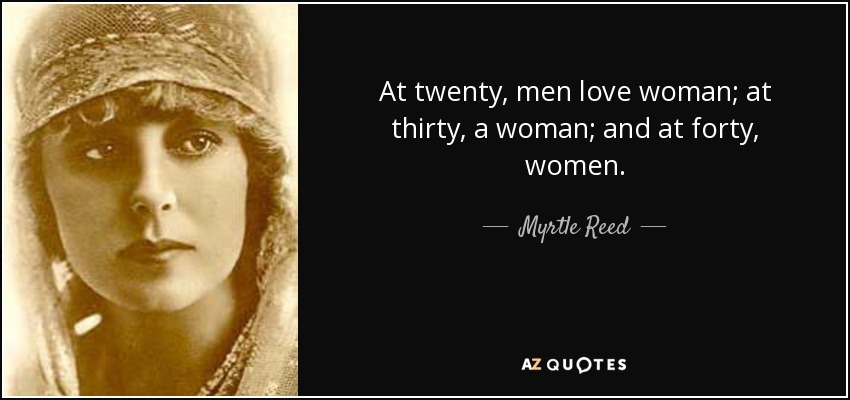 At twenty, men love woman; at thirty, a woman; and at forty, women. - Myrtle Reed