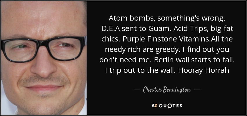 Atom bombs, something's wrong. D.E.A sent to Guam. Acid Trips, big fat chics. Purple Finstone Vitamins.All the needy rich are greedy. I find out you don't need me. Berlin wall starts to fall. I trip out to the wall. Hooray Horrah - Chester Bennington