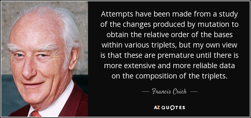 Attempts have been made from a study of the changes produced by mutation to obtain the relative order of the bases within various triplets, but my own view is that these are premature until there is more extensive and more reliable data on the composition of the triplets. - Francis Crick