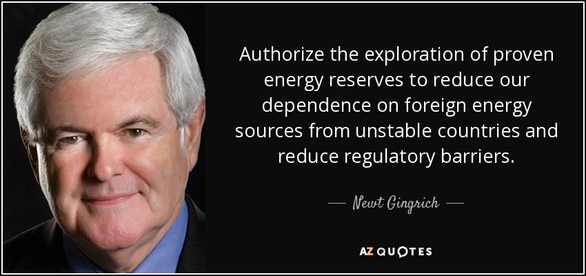 Authorize the exploration of proven energy reserves to reduce our dependence on foreign energy sources from unstable countries and reduce regulatory barriers. - Newt Gingrich