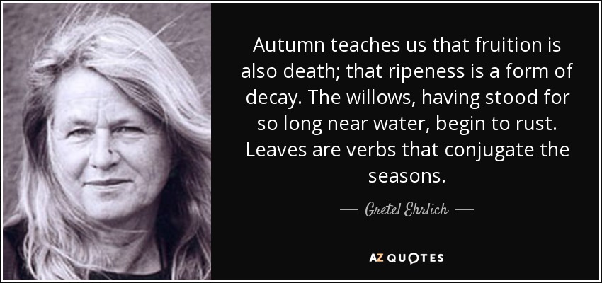 Autumn teaches us that fruition is also death; that ripeness is a form of decay. The willows, having stood for so long near water, begin to rust. Leaves are verbs that conjugate the seasons. - Gretel Ehrlich