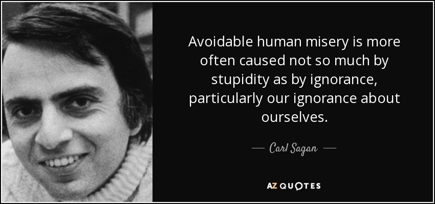 Avoidable human misery is more often caused not so much by stupidity as by ignorance, particularly our ignorance about ourselves. - Carl Sagan