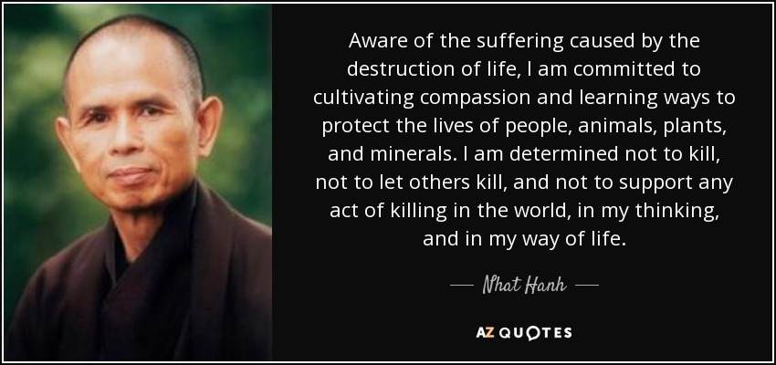 Aware of the suffering caused by the destruction of life, I am committed to cultivating compassion and learning ways to protect the lives of people, animals, plants, and minerals. I am determined not to kill, not to let others kill, and not to support any act of killing in the world, in my thinking, and in my way of life. - Nhat Hanh