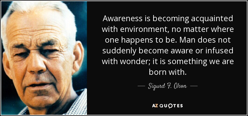 Awareness is becoming acquainted with environment, no matter where one happens to be. Man does not suddenly become aware or infused with wonder; it is something we are born with. - Sigurd F. Olson