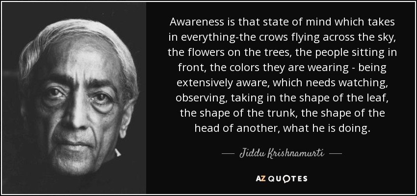 Awareness is that state of mind which takes in everything-the crows flying across the sky, the flowers on the trees, the people sitting in front, the colors they are wearing - being extensively aware, which needs watching, observing, taking in the shape of the leaf, the shape of the trunk, the shape of the head of another, what he is doing. - Jiddu Krishnamurti