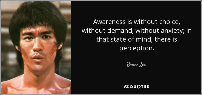 Awareness is without choice, without demand, without anxiety; in that state of mind, there is perception. - Bruce Lee