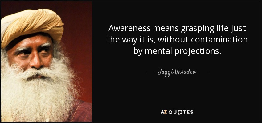 Awareness means grasping life just the way it is, without contamination by mental projections. - Jaggi Vasudev