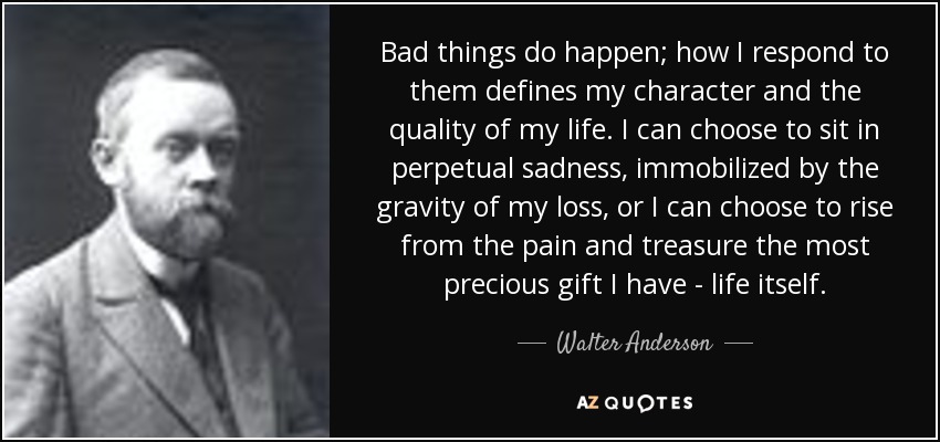 Bad things do happen; how I respond to them defines my character and the quality of my life. I can choose to sit in perpetual sadness, immobilized by the gravity of my loss, or I can choose to rise from the pain and treasure the most precious gift I have - life itself. - Walter Anderson