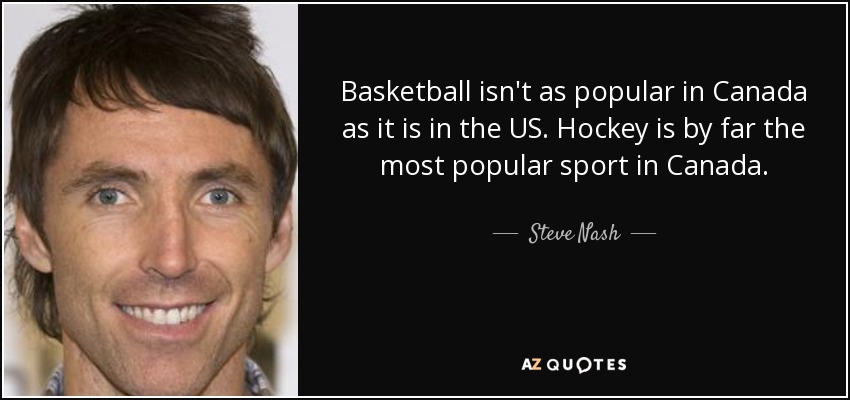 Basketball isn't as popular in Canada as it is in the US. Hockey is by far the most popular sport in Canada. - Steve Nash