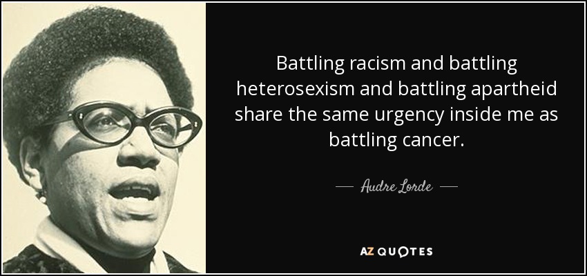 Battling racism and battling heterosexism and battling apartheid share the same urgency inside me as battling cancer. - Audre Lorde