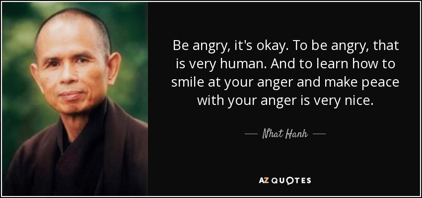 Be angry, it's okay. To be angry, that is very human. And to learn how to smile at your anger and make peace with your anger is very nice. - Nhat Hanh
