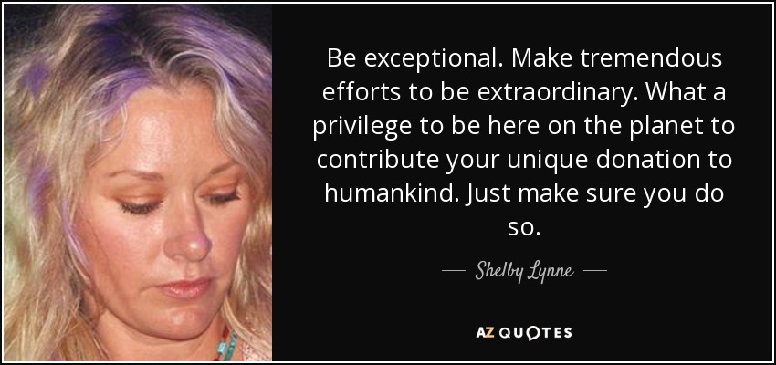 Be exceptional. Make tremendous efforts to be extraordinary. What a privilege to be here on the planet to contribute your unique donation to humankind. Just make sure you do so. - Shelby Lynne