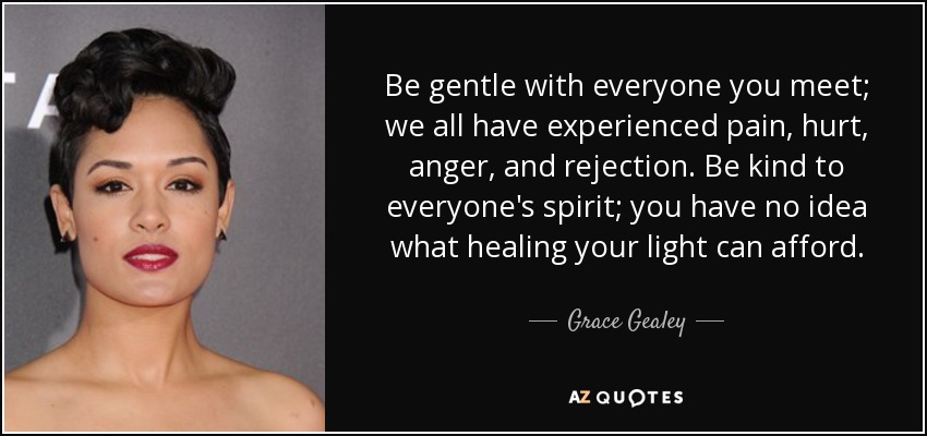 Be gentle with everyone you meet; we all have experienced pain, hurt, anger, and rejection. Be kind to everyone's spirit; you have no idea what healing your light can afford. - Grace Gealey