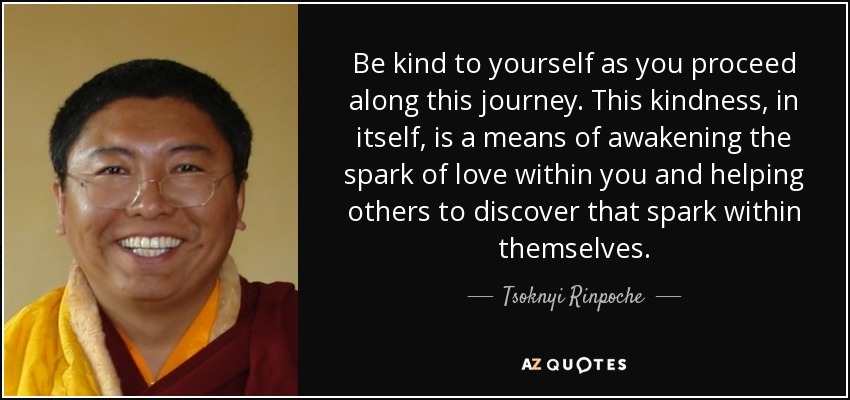 Be kind to yourself as you proceed along this journey. This kindness, in itself, is a means of awakening the spark of love within you and helping others to discover that spark within themselves. - Tsoknyi Rinpoche