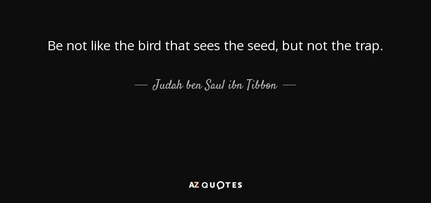 Be not like the bird that sees the seed, but not the trap. - Judah ben Saul ibn Tibbon