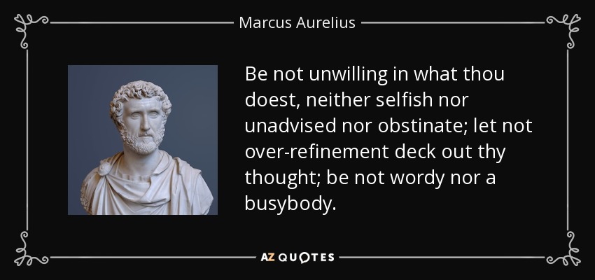Be not unwilling in what thou doest, neither selfish nor unadvised nor obstinate; let not over-refinement deck out thy thought; be not wordy nor a busybody. - Marcus Aurelius