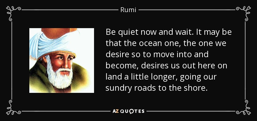 Be quiet now and wait. It may be that the ocean one, the one we desire so to move into and become, desires us out here on land a little longer, going our sundry roads to the shore. - Rumi