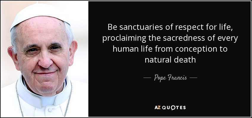 Be sanctuaries of respect for life, proclaiming the sacredness of every human life from conception to natural death - Pope Francis