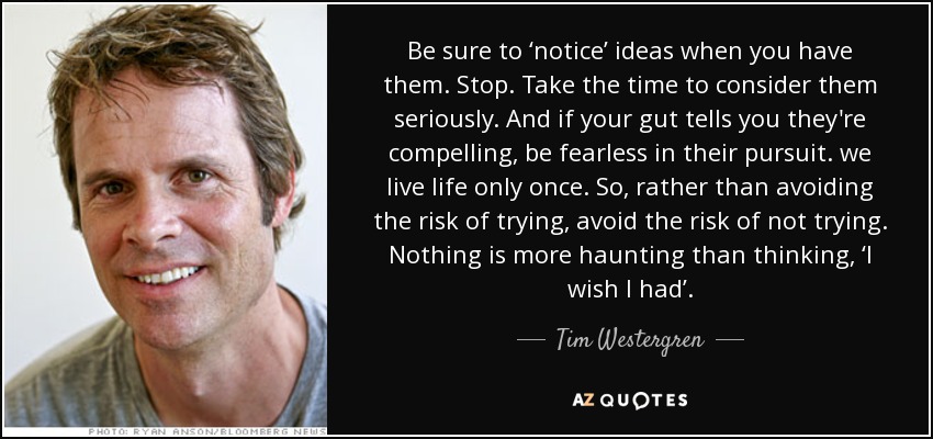 Be sure to ‘notice’ ideas when you have them. Stop. Take the time to consider them seriously. And if your gut tells you they're compelling, be fearless in their pursuit . we live life only once. So, rather than avoiding the risk of trying, avoid the risk of not trying. Nothing is more haunting than thinking, ‘I wish I had’. - Tim Westergren